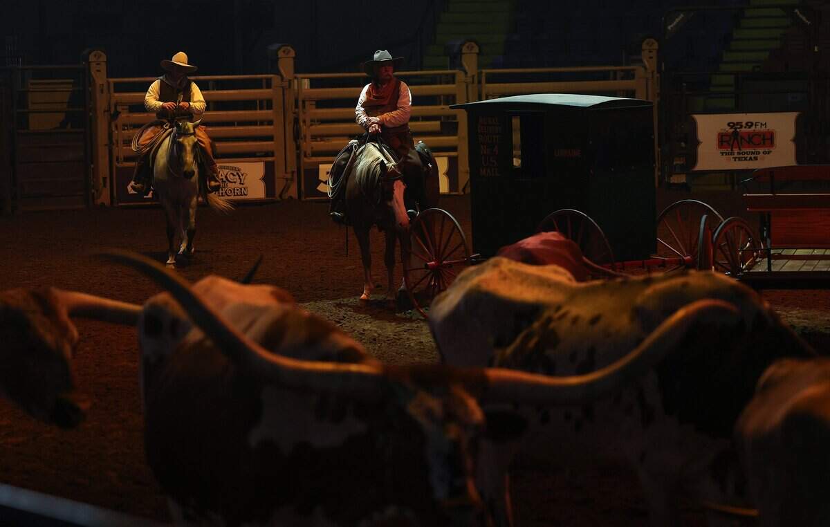 The Fort Worth Herd circles authentic wagons during Cowtown Coliseum's newest show 'Legacy of the Longhorn' on Tuesday, Aug. 25, 2026, in Fort Worth. The show tells the story of the American cattle drives and Fort Worth's western heritage.